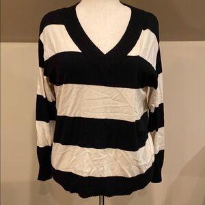 Black and White Striped V-Neck Sweater
